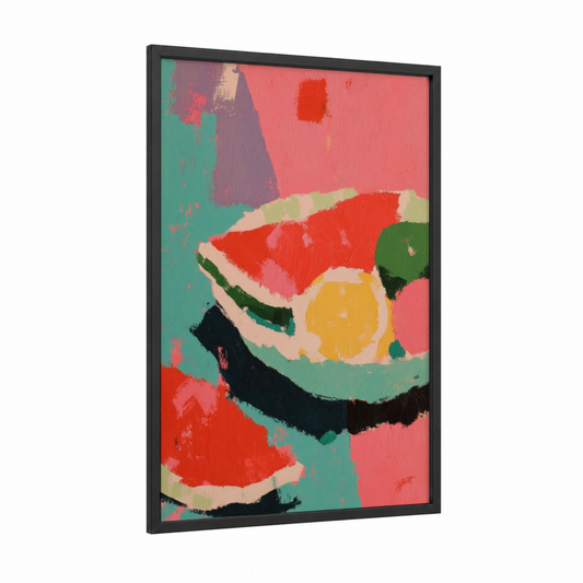 Vibrant Salad Bowl framed art print — black wood frame — red and teal palette