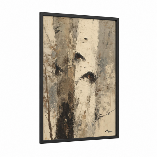 Snowy Birch Trunk framed birch tree print — black wood frame — cream and gray palette