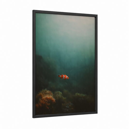 Solitary Clownfish framed clown fish print — black wood frame — teal and orange palette