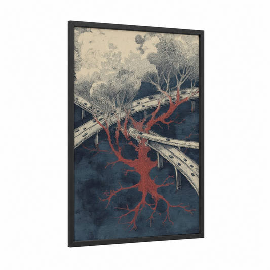 Crimson Bridge Roots framed road and highways print — black wood frame — russet and dark blue palette