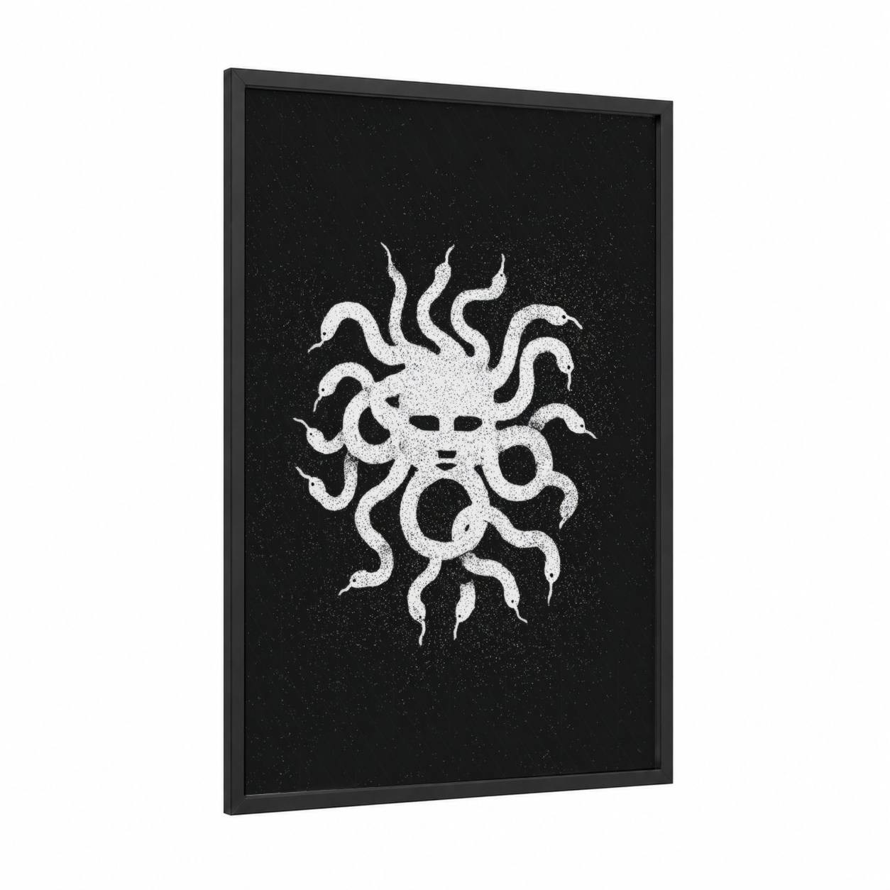Medusa Gaze framed art print — black wood frame — black and white palette
