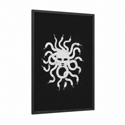 Medusa Gaze framed art print — black wood frame — black and white palette