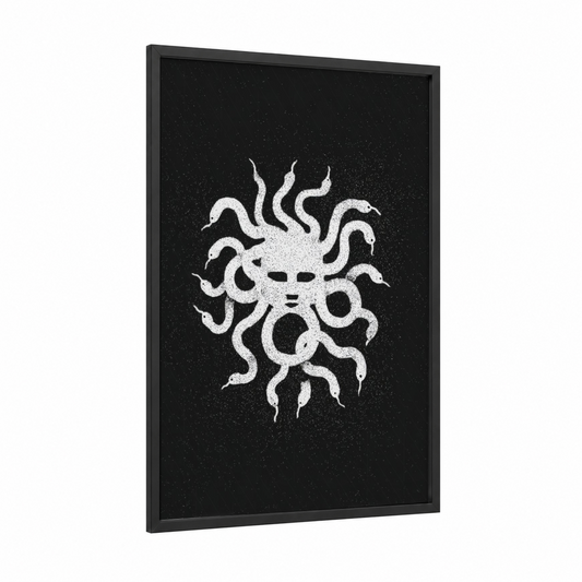 Medusa Gaze framed art print — black wood frame — black and white palette