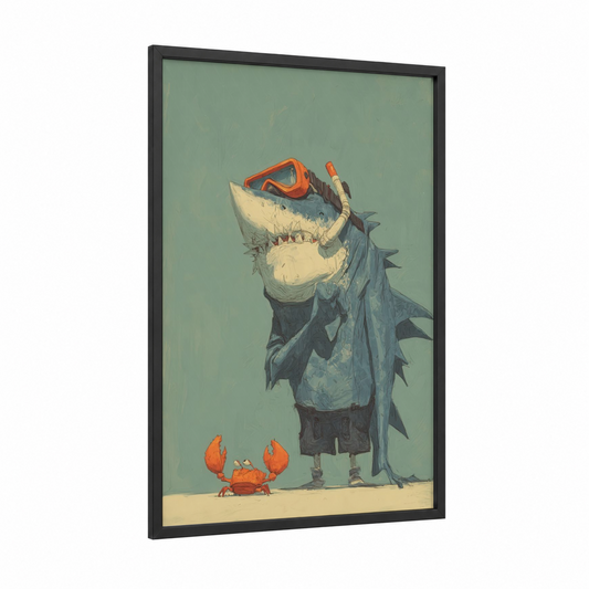 Snorkeling Shark framed basking shark print — black wood frame — sage green and orange palette