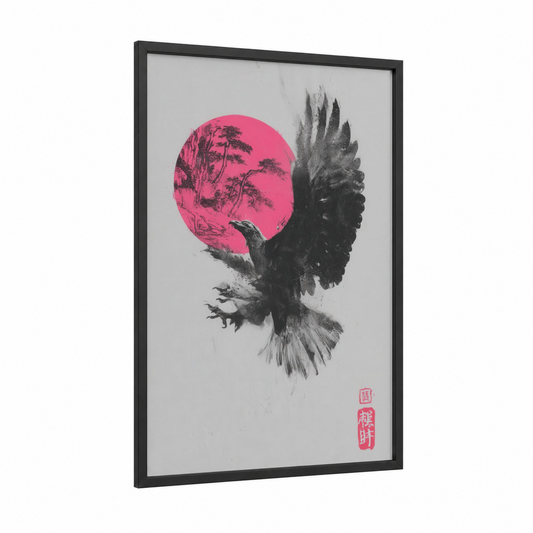Crimson Rising Eagle framed art print — black wood frame — magenta and black and white palette
