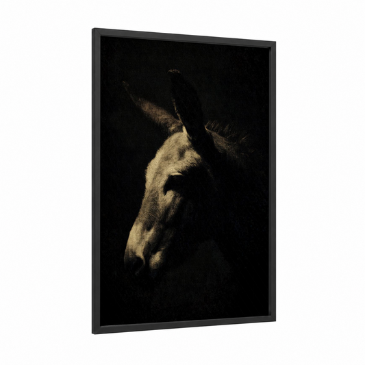 Shadowed Mule framed art print — black wood frame — black and gold palette