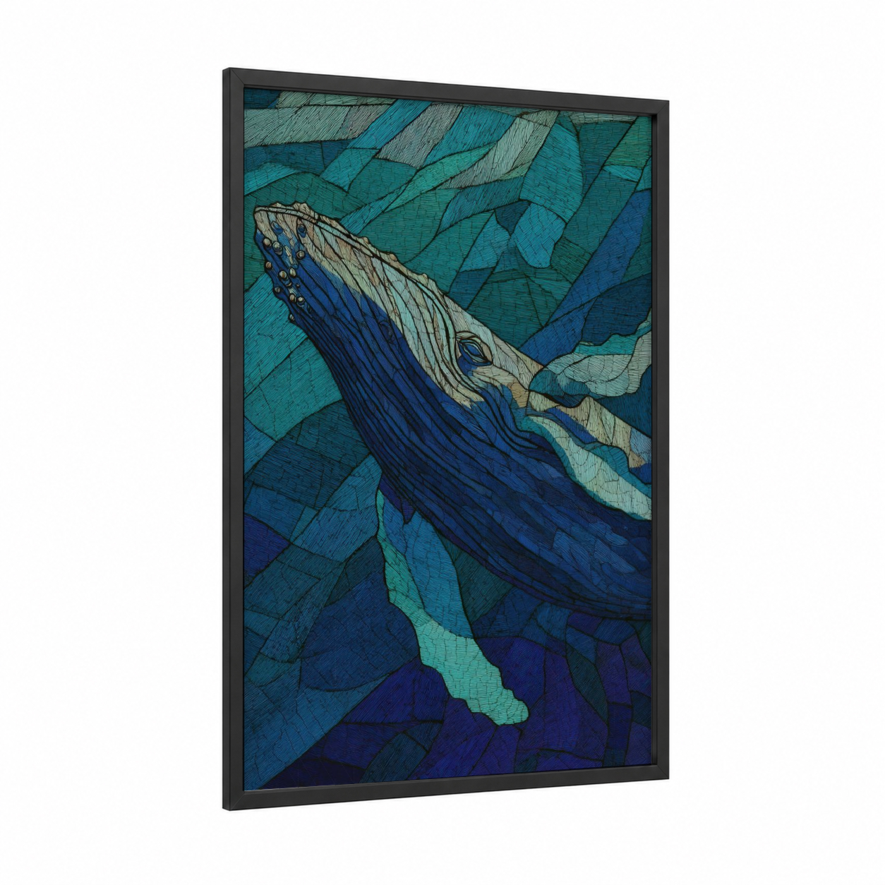 Deep Blue Humpback framed humpback whale print — black wood frame — teal and blue palette