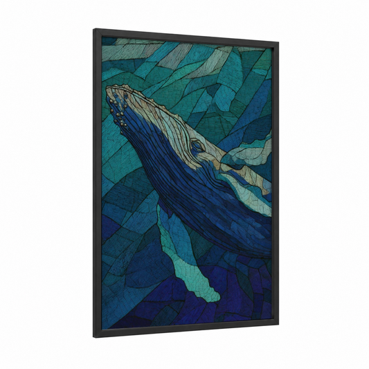Deep Blue Humpback framed humpback whale print — black wood frame — teal and blue palette