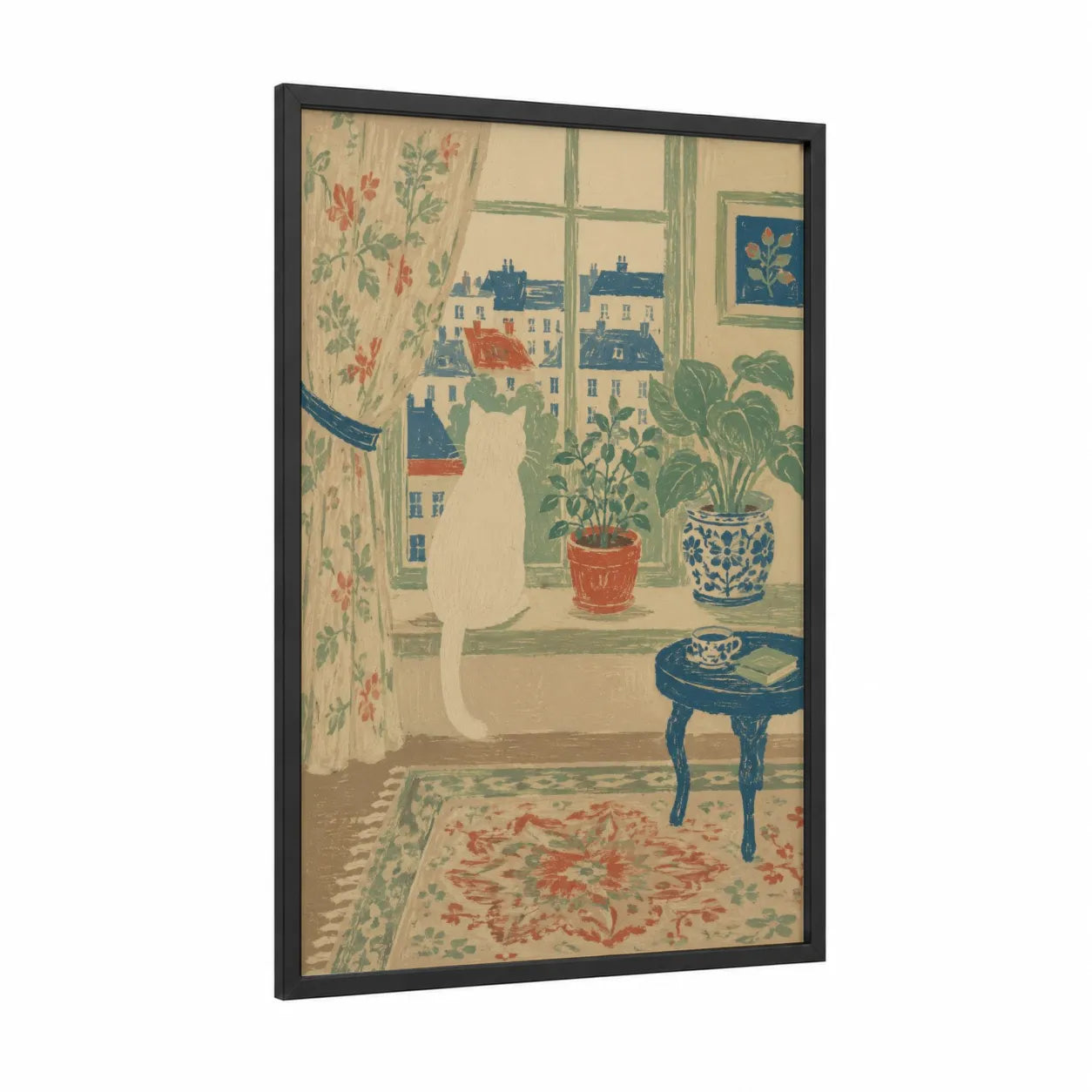 Window View With Cat Wall Art framed art print — black wood frame — cream and sage green palette