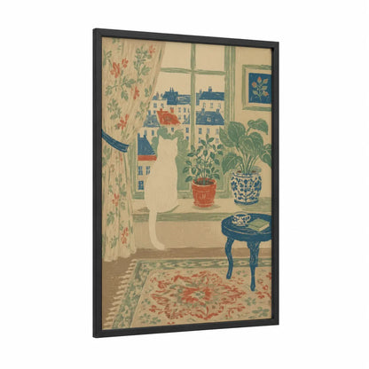 Window View With Cat Wall Art framed art print — black wood frame — cream and sage green palette
