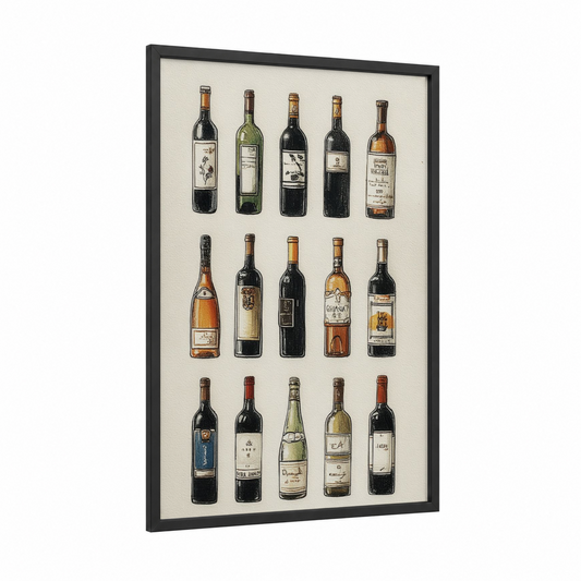 Vintage Wine Collection framed red wine print — black wood frame — gold and brown palette
