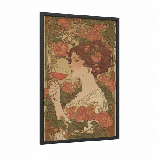 Rosé Elegance framed rose wine print — black wood frame — salmon pink and beige palette