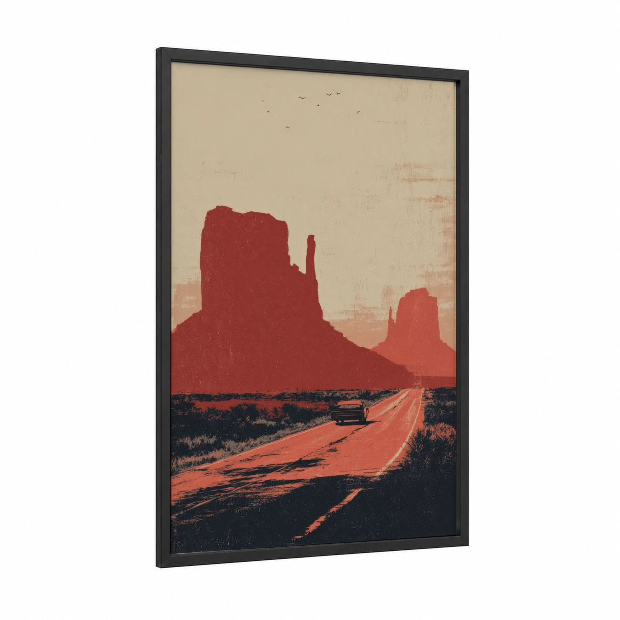 Desert Highway framed road and highways print — black wood frame — red and beige palette