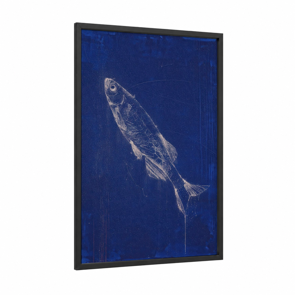 Luminous Zebrafish framed art print — black wood frame — dark blue and gold and white palette