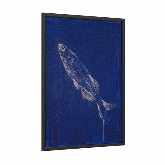 Luminous Zebrafish framed art print — black wood frame — dark blue and gold and white palette