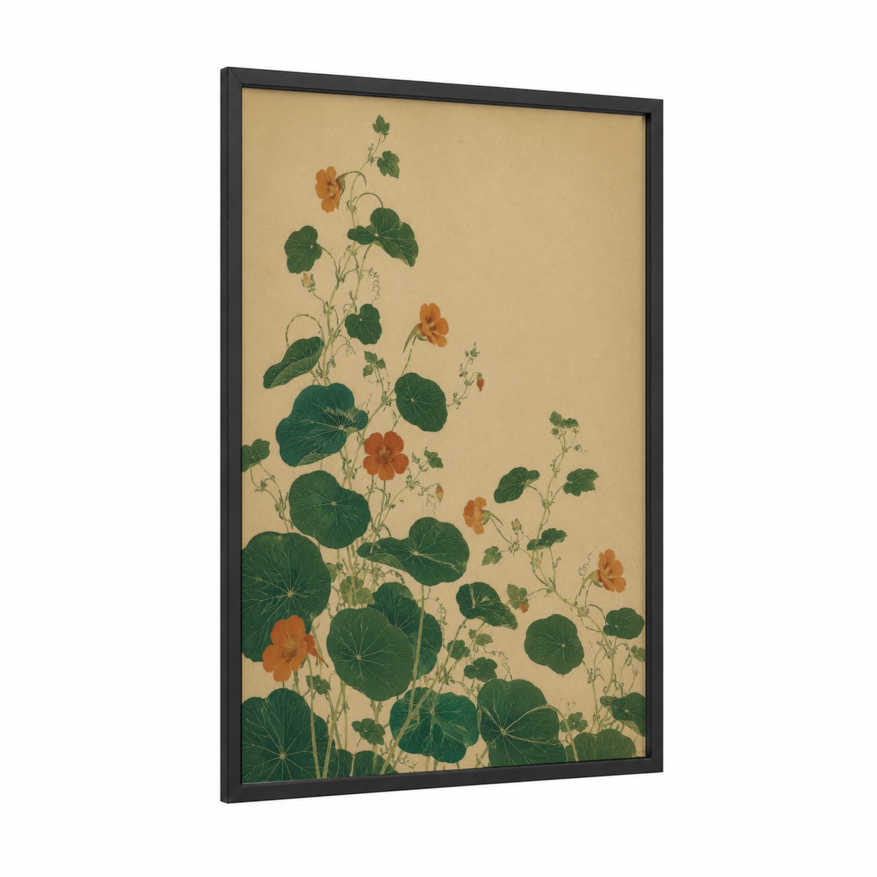 Vintage Geranium Botanical Wall Art framed art print — black wood frame — beige and true green palette