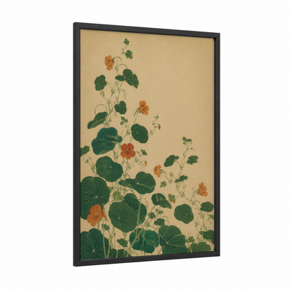 Vintage Geranium Botanical Wall Art framed art print — black wood frame — beige and true green palette