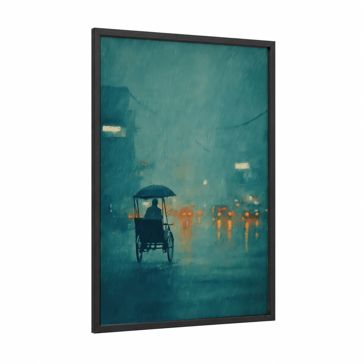 Rainy Rickshaw framed art print — black wood frame — teal and gold palette