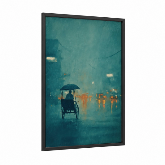 Rainy Rickshaw framed art print — black wood frame — teal and gold palette