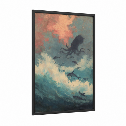 Abyssal Cthulhu framed art print — black wood frame — teal and peach palette
