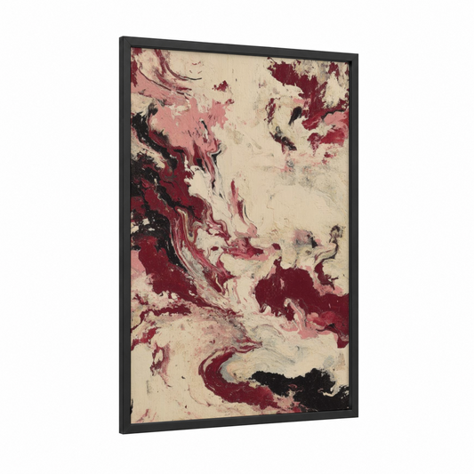 Crimson Meat Abstract framed art print — black wood frame — maroon and cream palette