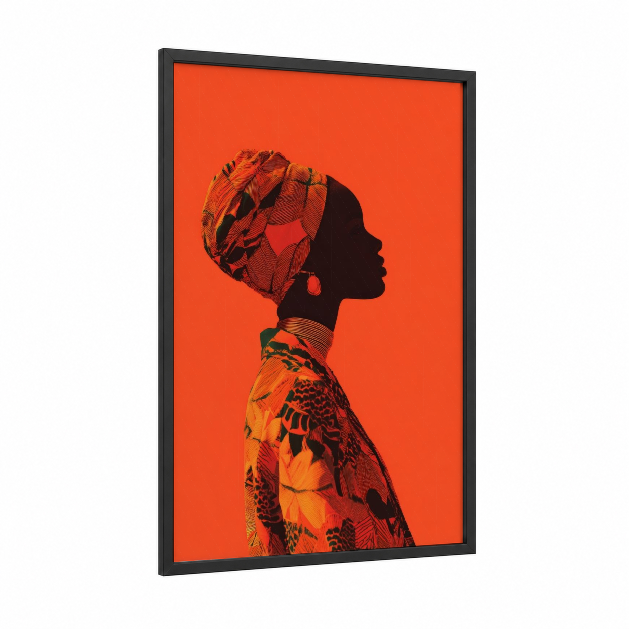 Vibrant Kwanzaa framed art print — black wood frame — orange and black palette