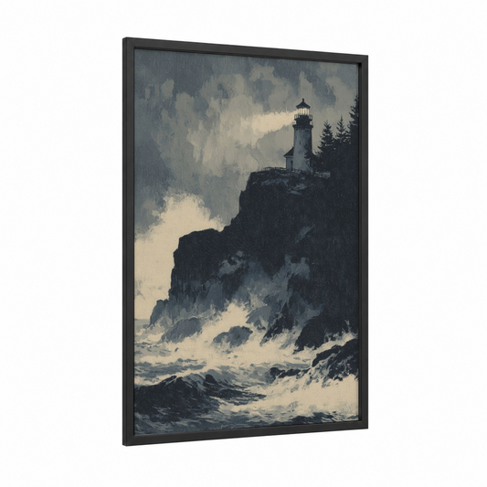 Cliff Lighthouse framed night sky print — black wood frame — gray and black and white palette