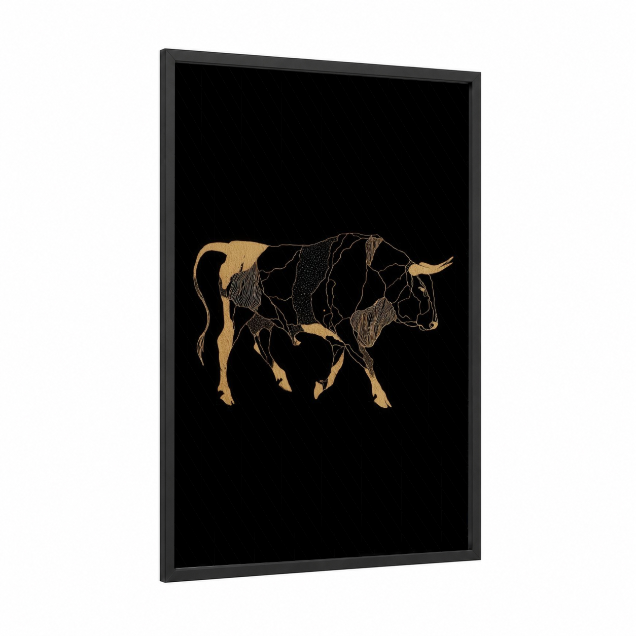 Golden Bull Anatomy framed meat print — black wood frame — gold and black palette