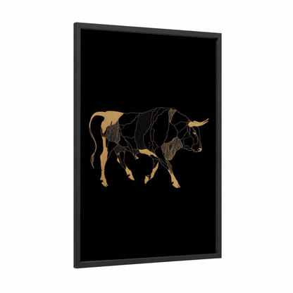 Golden Bull Anatomy framed meat print — black wood frame — gold and black palette
