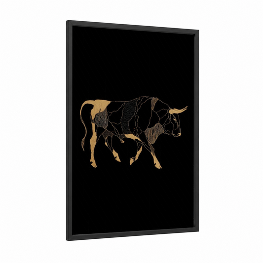 Golden Bull Anatomy framed meat print — black wood frame — gold and black palette