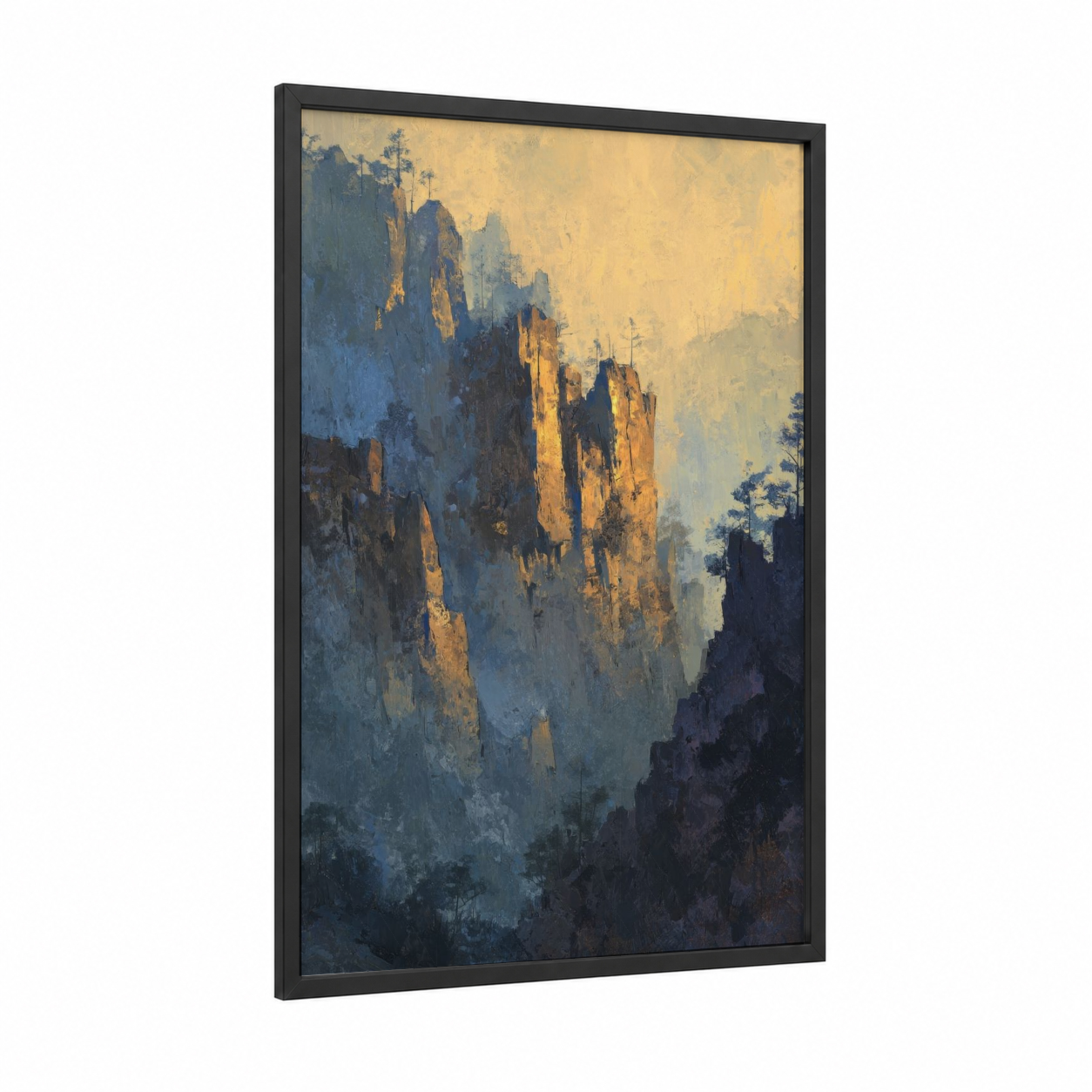Golden Cliff Dawn framed art print — black wood frame — gold and blue palette