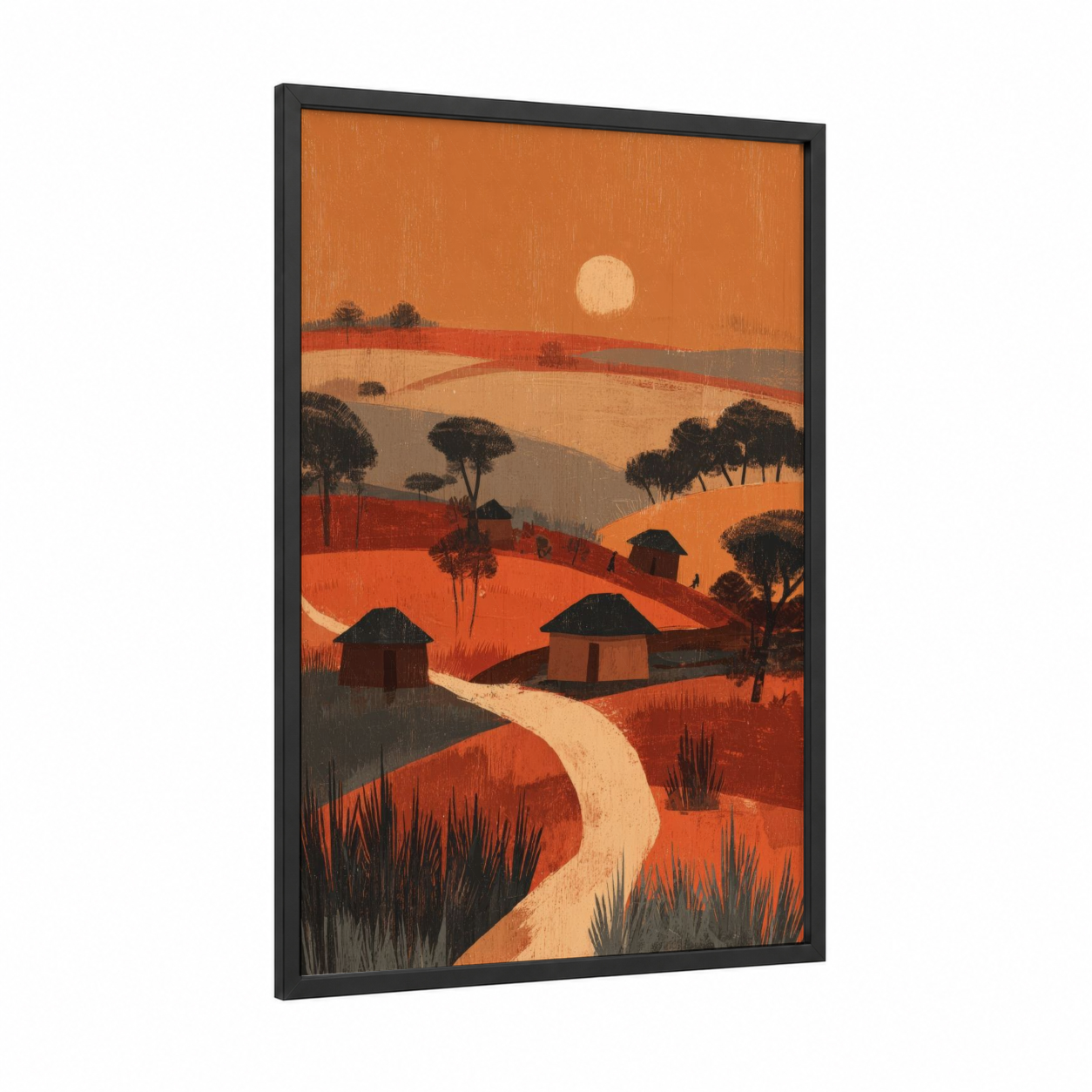 Sunset Village framed art print — black wood frame — orange and black palette
