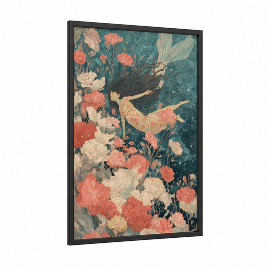 Floating Mermaid framed art print — black wood frame — teal and salmon pink palette