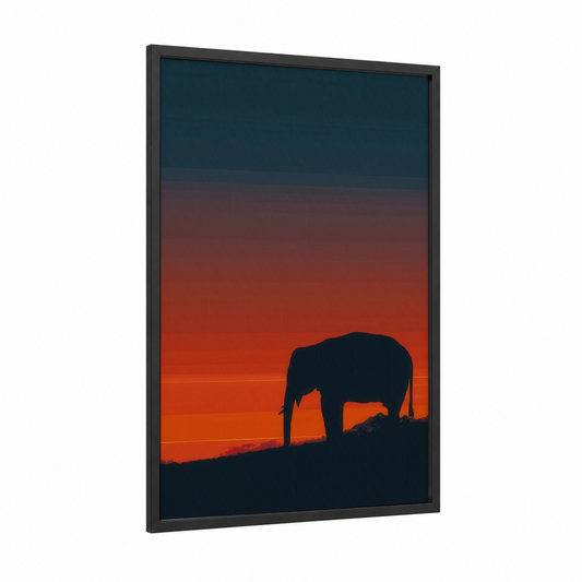 Sunset Elephant framed asian elephant print — black wood frame — orange and dark blue palette