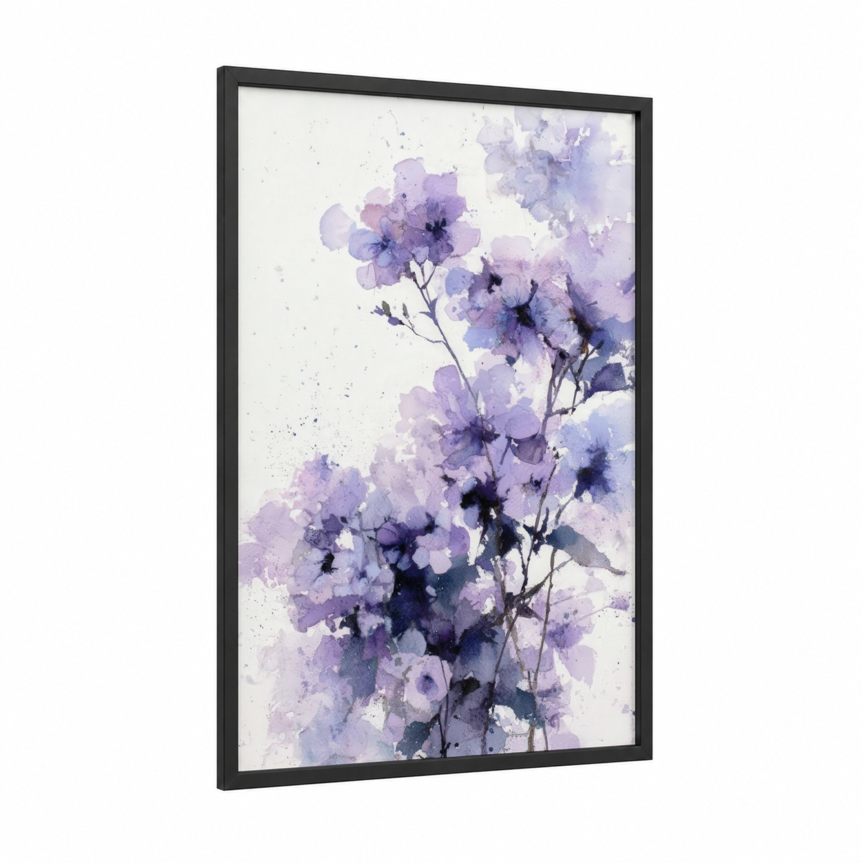 Purple Lilac Watercolor framed art print — black wood frame — lavender and white palette