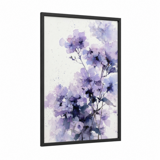 Purple Lilac Watercolor framed art print — black wood frame — lavender and white palette