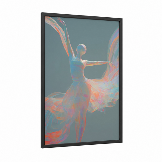Iridescent Gymnast framed gymnastics print — black wood frame — blue and peach palette