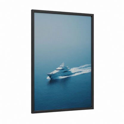 Luxury Yacht framed yacth print — black wood frame — blue and white palette