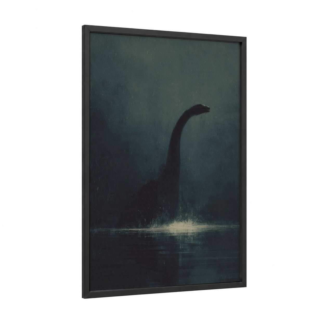 Mysterious Loch Creature framed loch ness monster print — black wood frame — gray and black palette