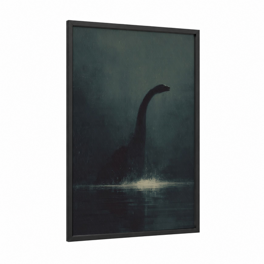 Mysterious Loch Creature framed loch ness monster print — black wood frame — gray and black palette
