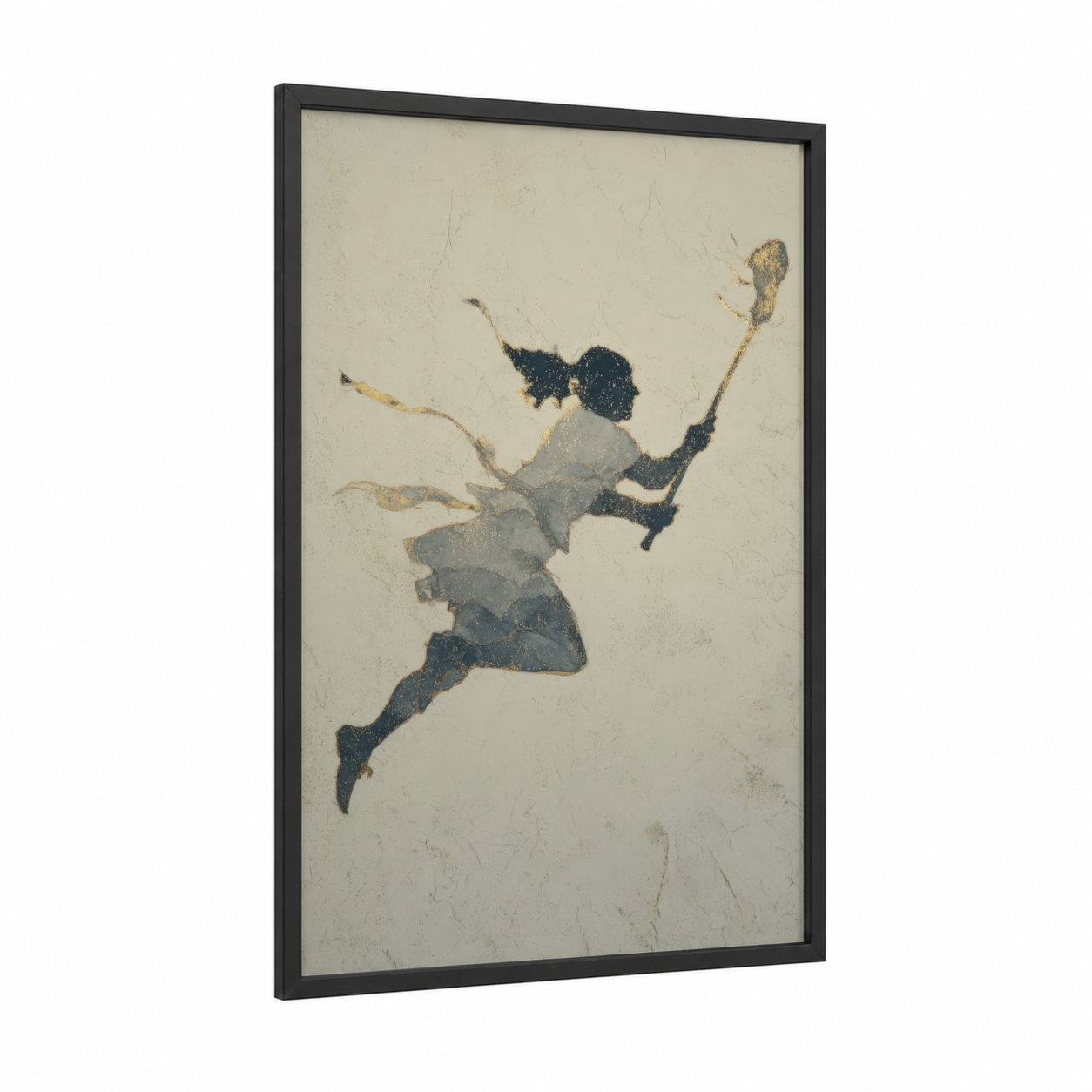 Dynamic Lacrosse Player framed art print — black wood frame — black and cream palette