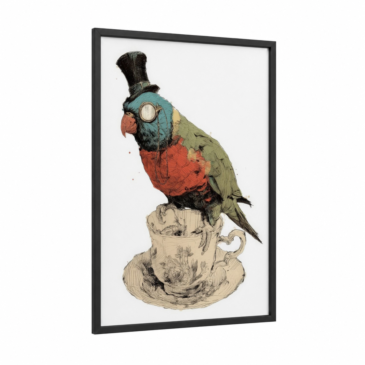 Steampunk Lorikeet framed rainbow lorikeet print — black wood frame — turquoise and cream palette