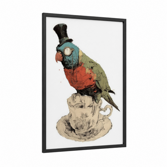 Steampunk Lorikeet framed rainbow lorikeet print — black wood frame — turquoise and cream palette