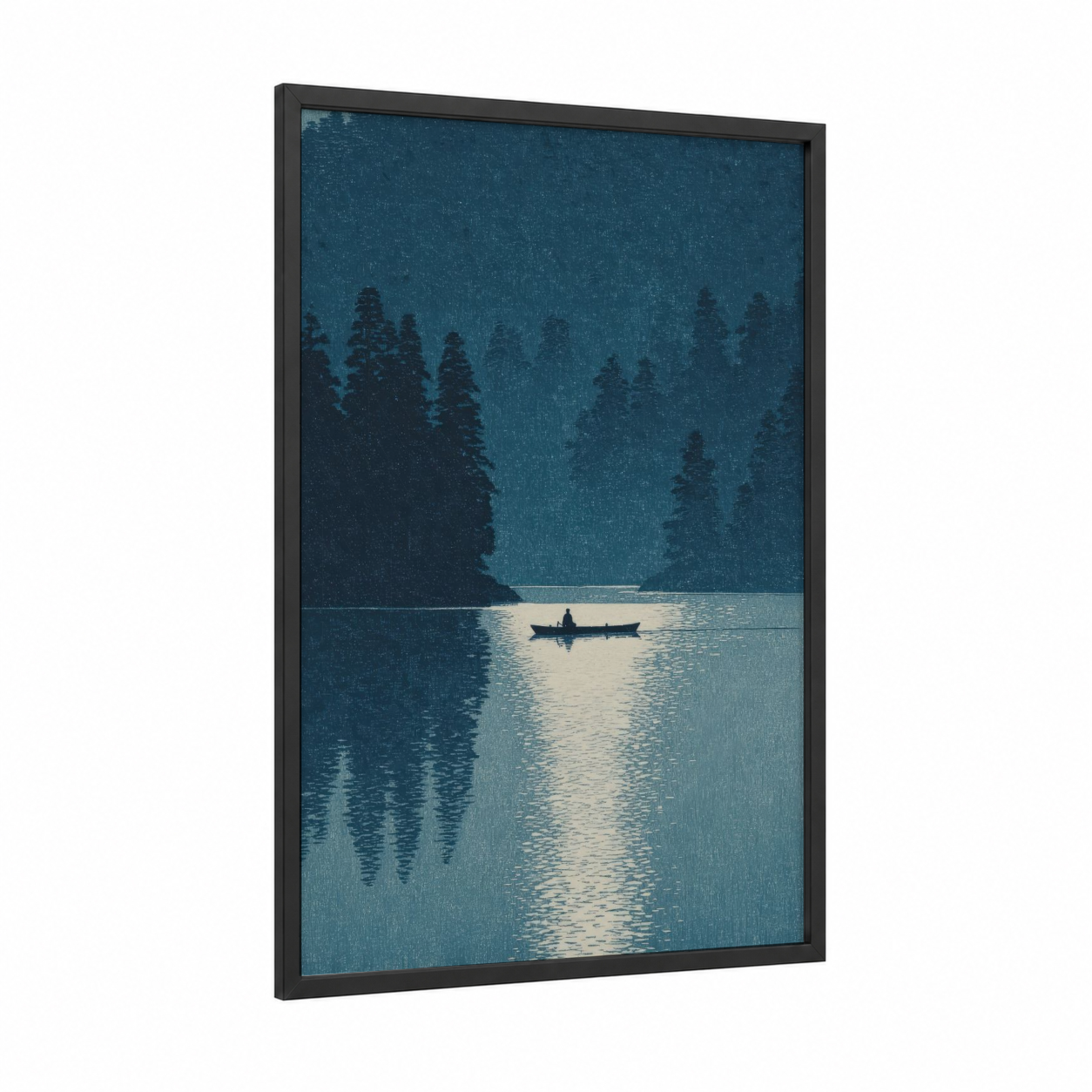 Solitude Lake framed canoeing and kayaking print — black wood frame — blue and white and teal palette