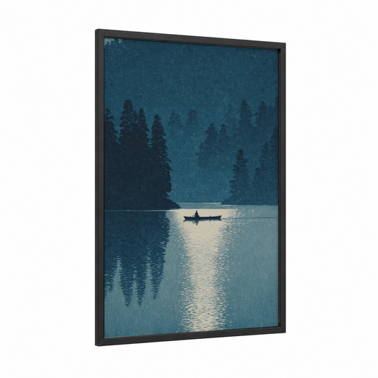 Solitude Lake framed canoeing and kayaking print — black wood frame — blue and white and teal palette