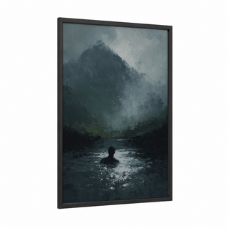 Mountain Swimmer framed swimming print — black wood frame — gray and white and dove gray palette