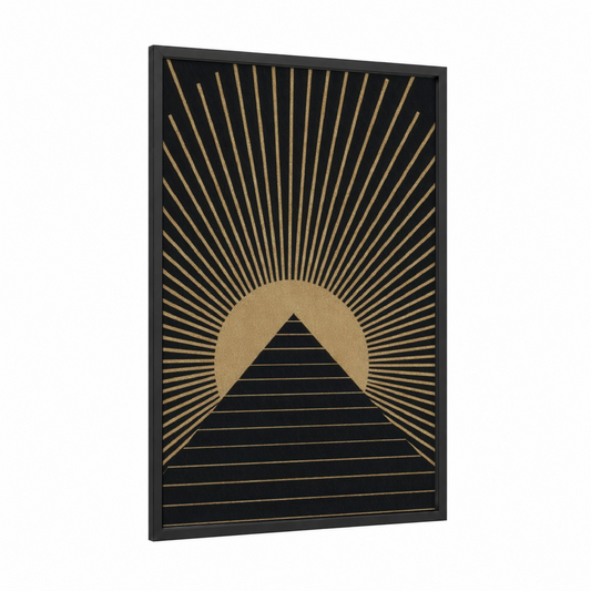 Golden Pyramid Sunrise framed great pyramid of giza print — black wood frame — gold and black palette