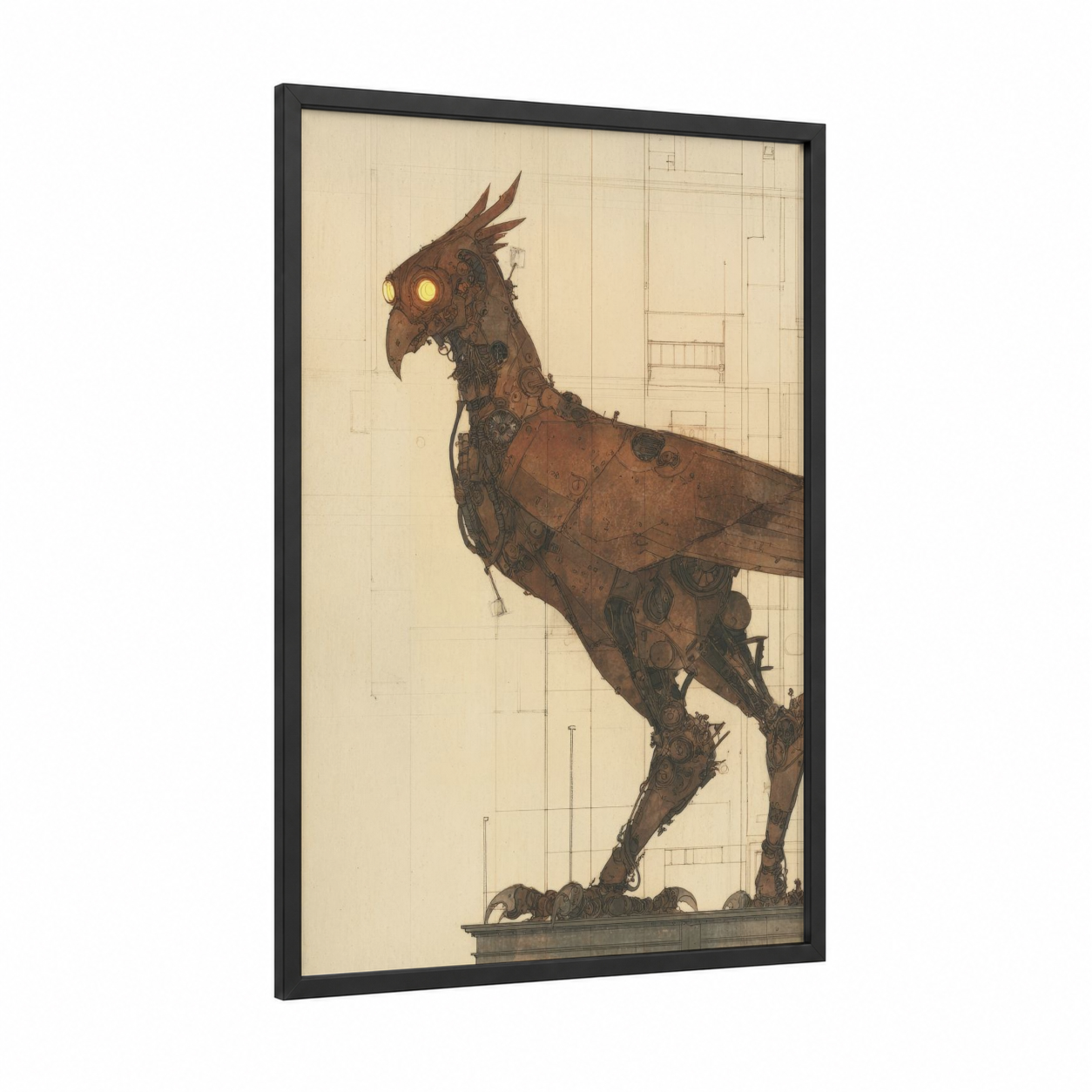 Steampunk Griffin framed art print — black wood frame — russet and cream palette