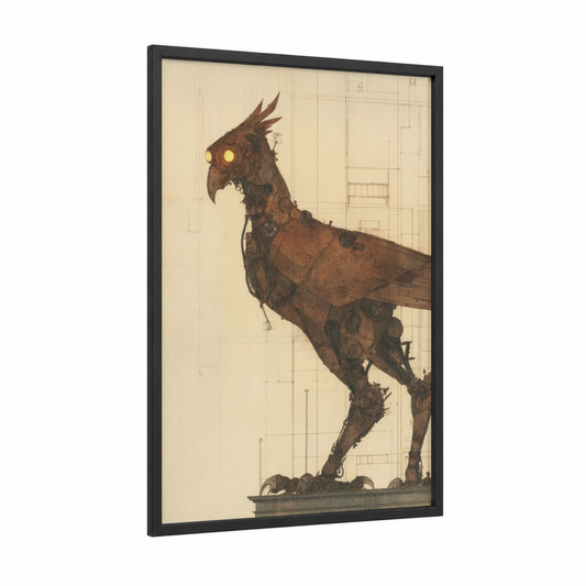 Steampunk Griffin framed art print — black wood frame — russet and cream palette
