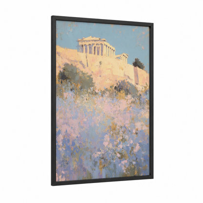 Golden Parthenon framed art print — black wood frame — gold and lavender palette